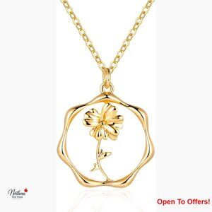18K Gold Plated Layered Birth Flower Necklace Paperclip Chain